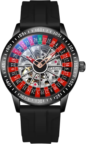 CARLIEN Mens Gambling Automatic Mechanical Skeleton Hollow Waterproof Luminous Watch Stainless Steel Band Self Winding Roulette Wheel Business Casual Wristwatch