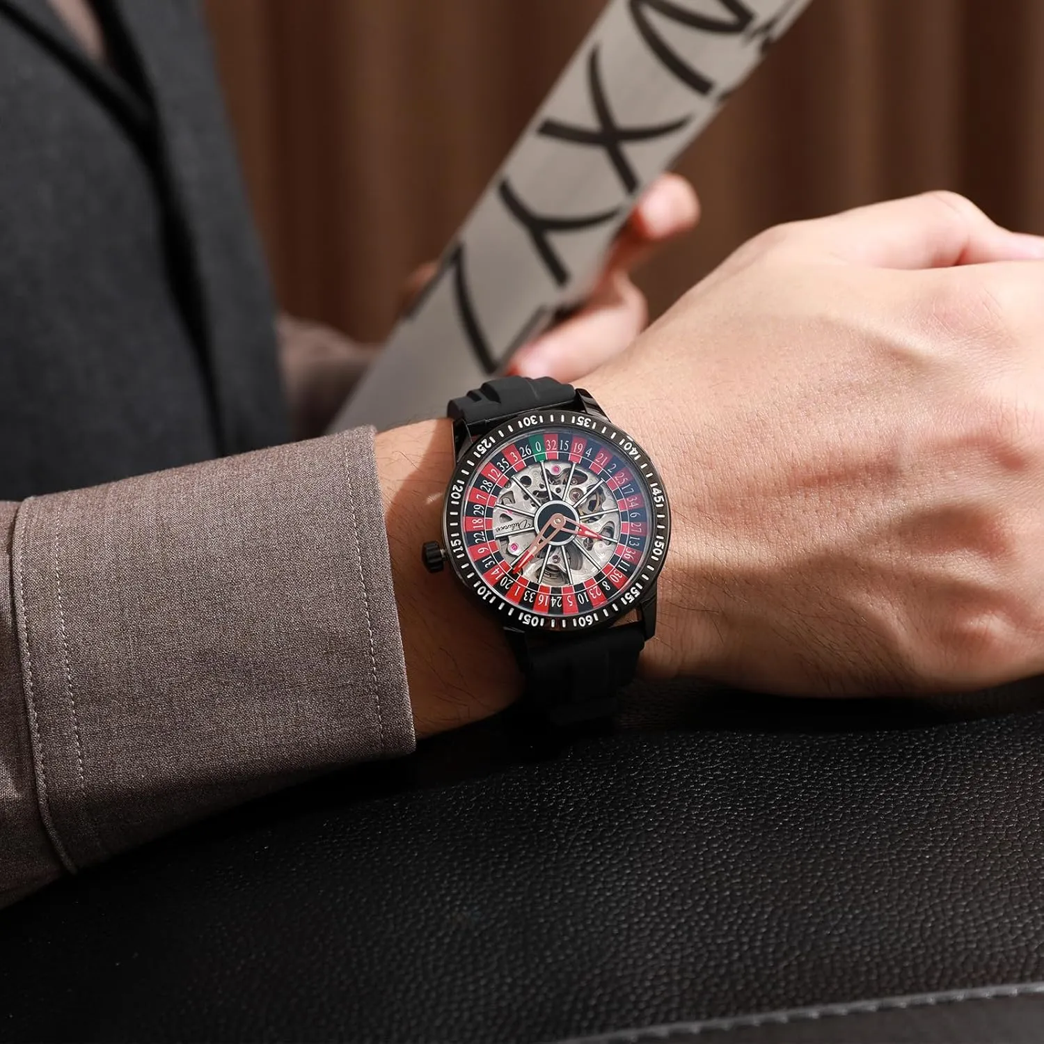 CARLIEN Mens Gambling Automatic Mechanical Skeleton Hollow Waterproof Luminous Watch Stainless Steel Band Self Winding Roulette Wheel Business Casual Wristwatch