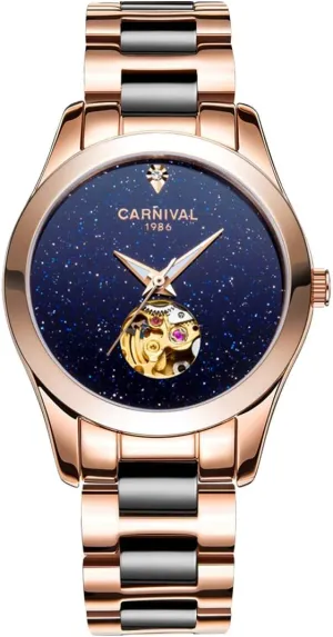 Carnival Women's Automatic Mechanical Watch Sparkling Stars Blue Sky Dial