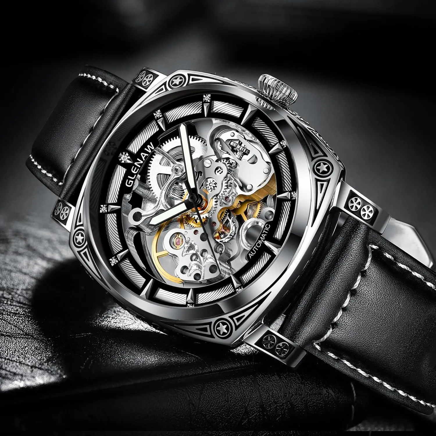 Carved Automatic Watches for Men, Retro Tattoo Skeleton Self-Winding Mechanical Watch Men's Automatic - 3 ATM Waterproof, Luminous Hands, Skeleton Dial, Ideal for Everyday Wear and Formal Occasions