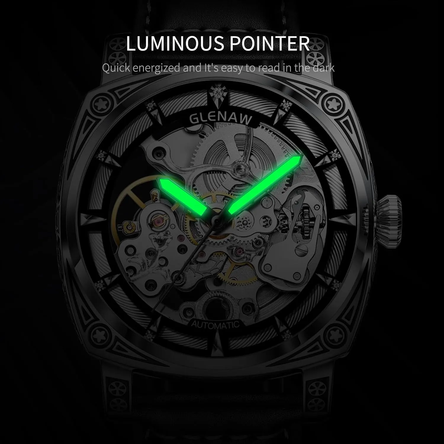 Carved Automatic Watches for Men, Retro Tattoo Skeleton Self-Winding Mechanical Watch Men's Automatic - 3 ATM Waterproof, Luminous Hands, Skeleton Dial, Ideal for Everyday Wear and Formal Occasions