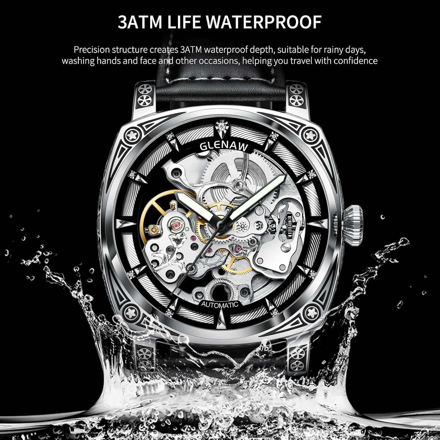 Carved Automatic Watches for Men, Retro Tattoo Skeleton Self-Winding Mechanical Watch Men's Automatic - 3 ATM Waterproof, Luminous Hands, Skeleton Dial, Ideal for Everyday Wear and Formal Occasions