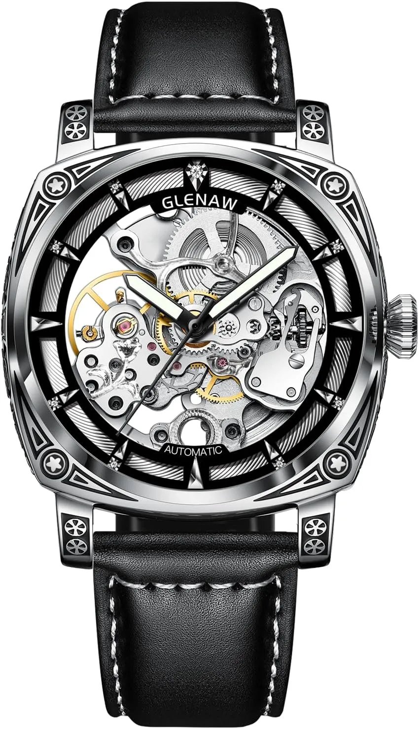 Carved Automatic Watches for Men, Retro Tattoo Skeleton Self-Winding Mechanical Watch Men's Automatic - 3 ATM Waterproof, Luminous Hands, Skeleton Dial, Ideal for Everyday Wear and Formal Occasions