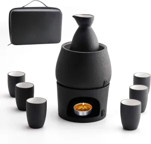 Ceramic Sake Set Cups with Warmer   Sake Saki Drink Storage Box, Porcelain Pottery Hot Cold Saki Drink, 9pcs include 1 Stove 1 Warming Bowl 1 Sake Bottle 6 Cup