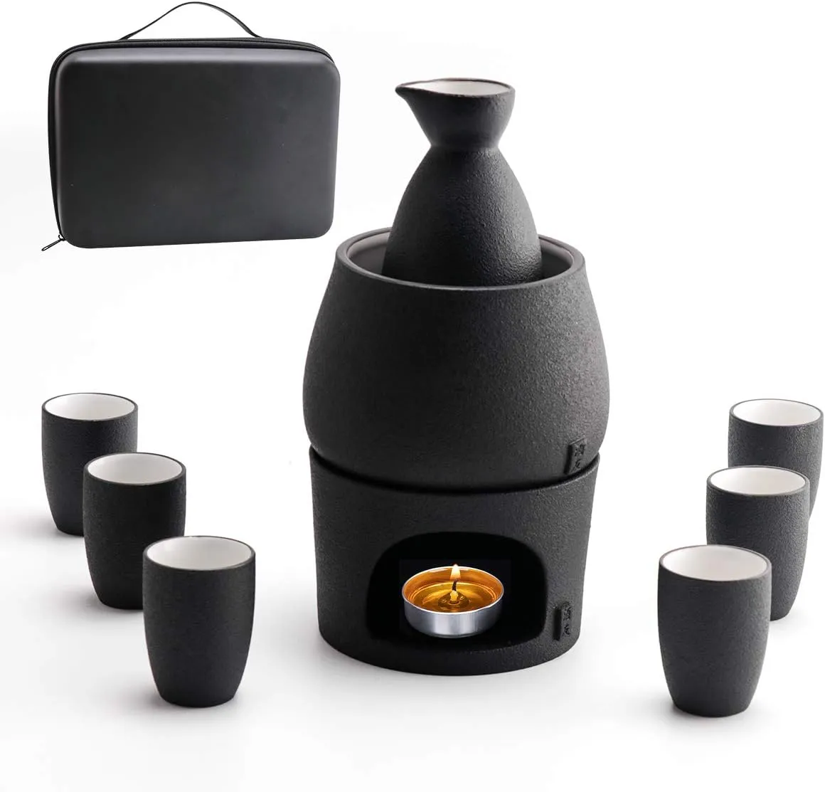 Ceramic Sake Set Cups with Warmer   Sake Saki Drink Storage Box, Porcelain Pottery Hot Cold Saki Drink, 9pcs include 1 Stove 1 Warming Bowl 1 Sake Bottle 6 Cup