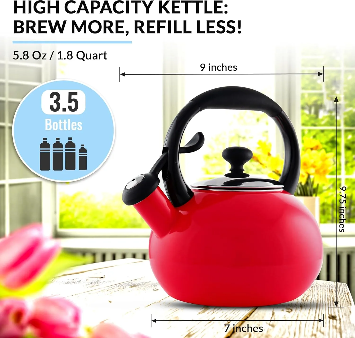 Chantal 1.8 QT Kettle, Buttons Series, Premium Enamel on Carbon Steel, Whistling, Even Heating & Quick Boil (Red)