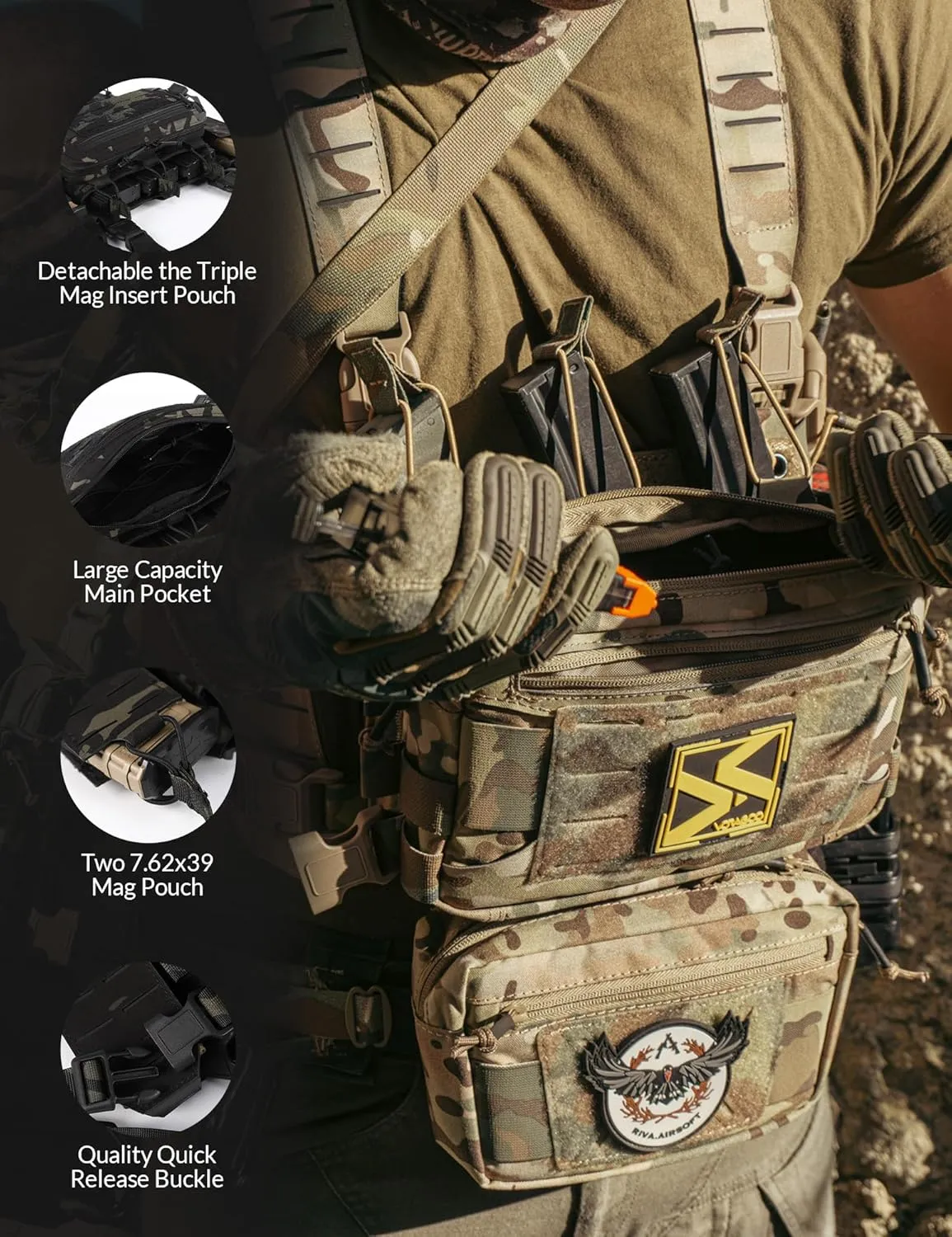 Chest Rig-Tactical Chest Rig，Molle Modular Micro Fight Chest Rigs Adjustable&Detachable with 5.56/7.62 Magazine Pouch