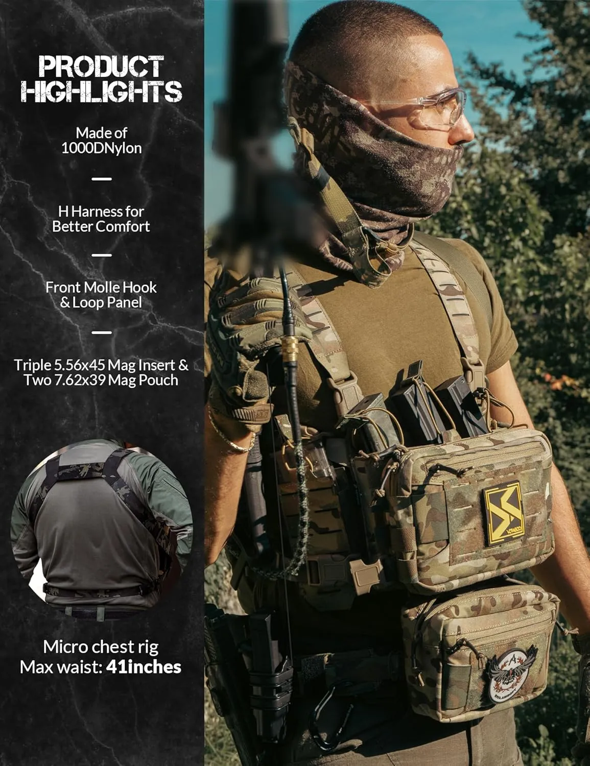 Chest Rig-Tactical Chest Rig，Molle Modular Micro Fight Chest Rigs Adjustable&Detachable with 5.56/7.62 Magazine Pouch