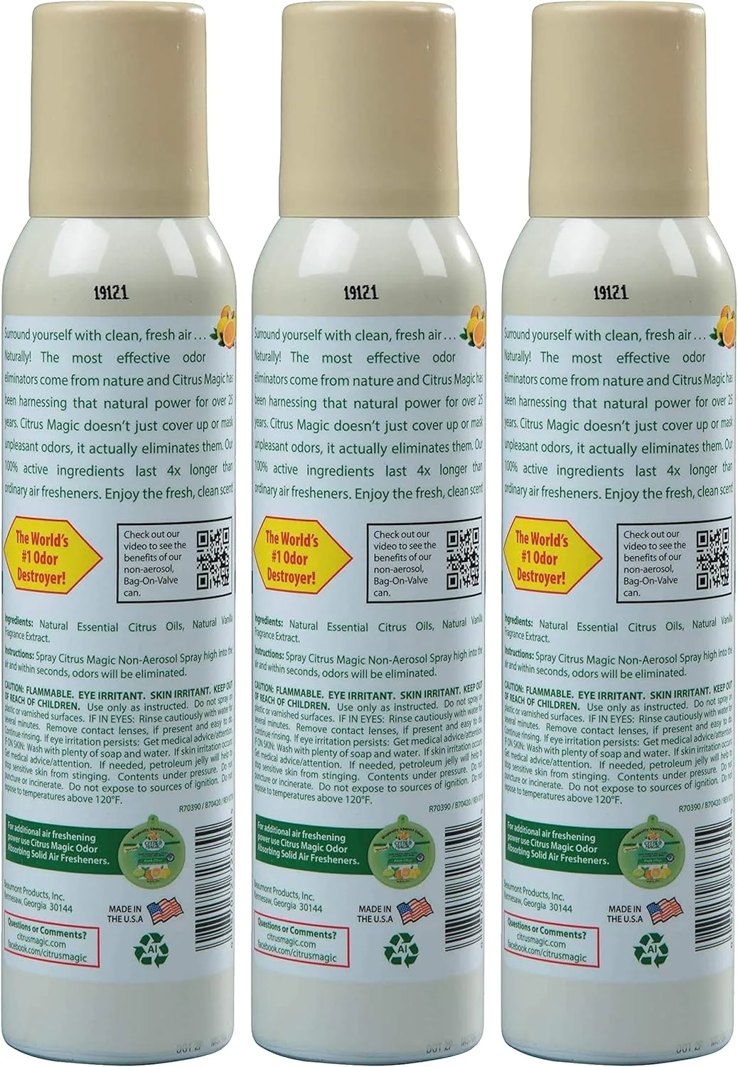 Citrus Magic Odor Eliminating Air Freshener Spray, Orange-Vanilla Swirl, 3-Ounce, Pack of 3