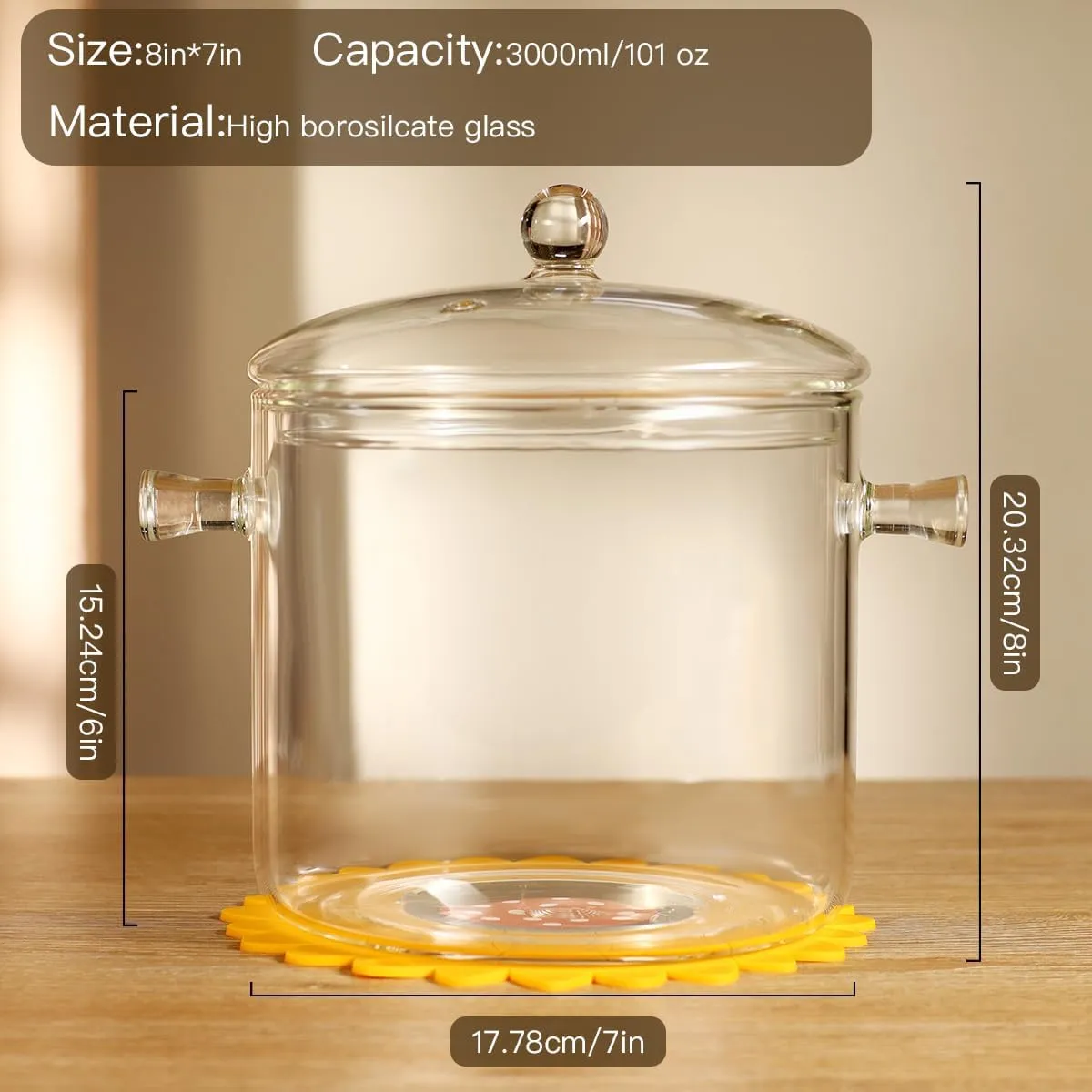 Clear Glass Cooking Pot With Lid And Brush And Silicone Hot Pads On Stove - 3L(101oz) Borosilicate Glass Simmer Pot And Pan With Cover - Glass Cookware Stovetop Pot Set For Pasta, Noodle, Soup, Milk