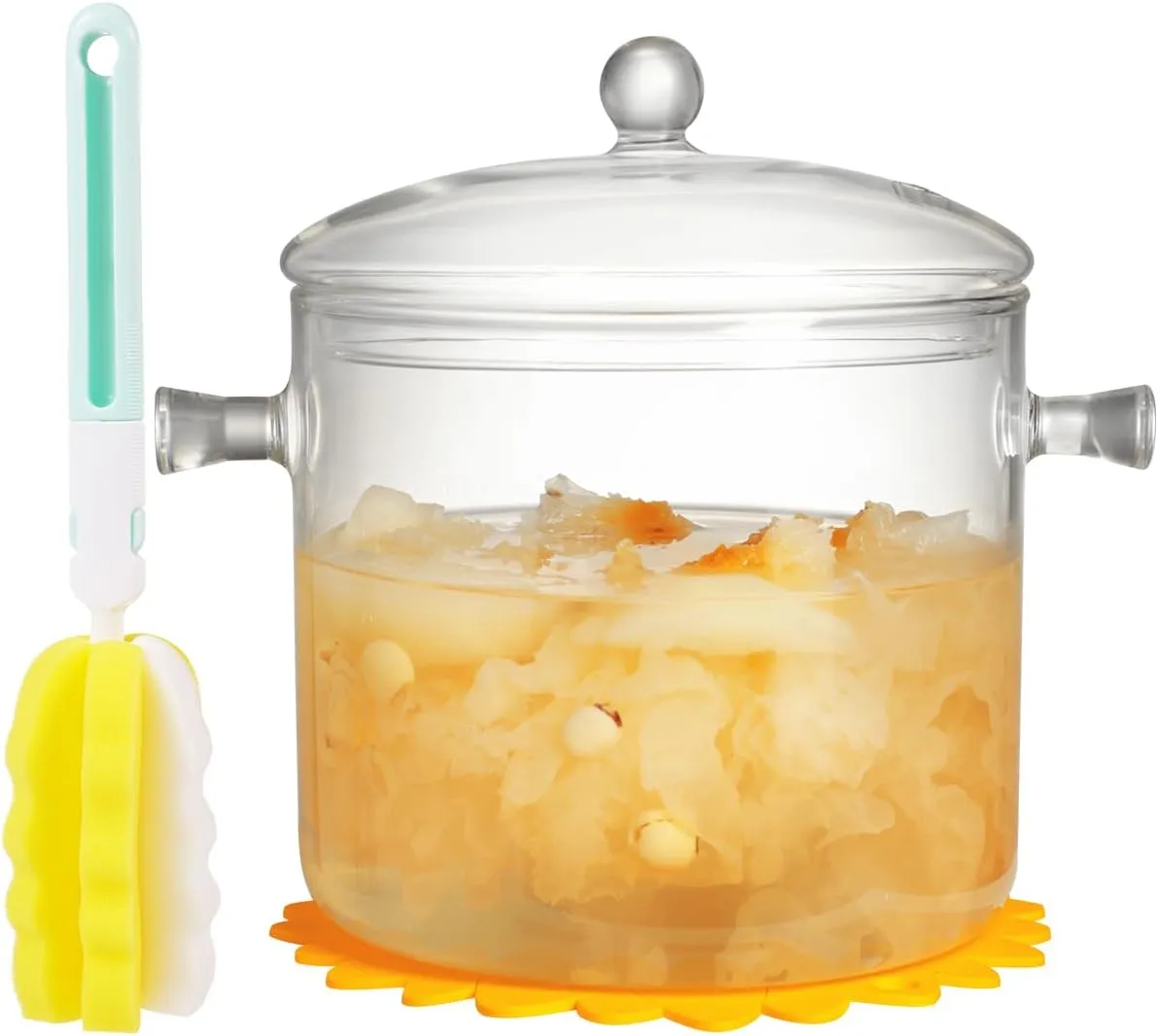 Clear Glass Cooking Pot With Lid And Brush And Silicone Hot Pads On Stove - 3L(101oz) Borosilicate Glass Simmer Pot And Pan With Cover - Glass Cookware Stovetop Pot Set For Pasta, Noodle, Soup, Milk