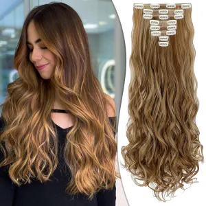Clip in Hair Extensions 24 Inch 8PCS Ash Blonde Mix Light Brown Long Wavy Synthetic Hair Extensions Clip ins Thick Double Weft Hair Clip Extensions for Women