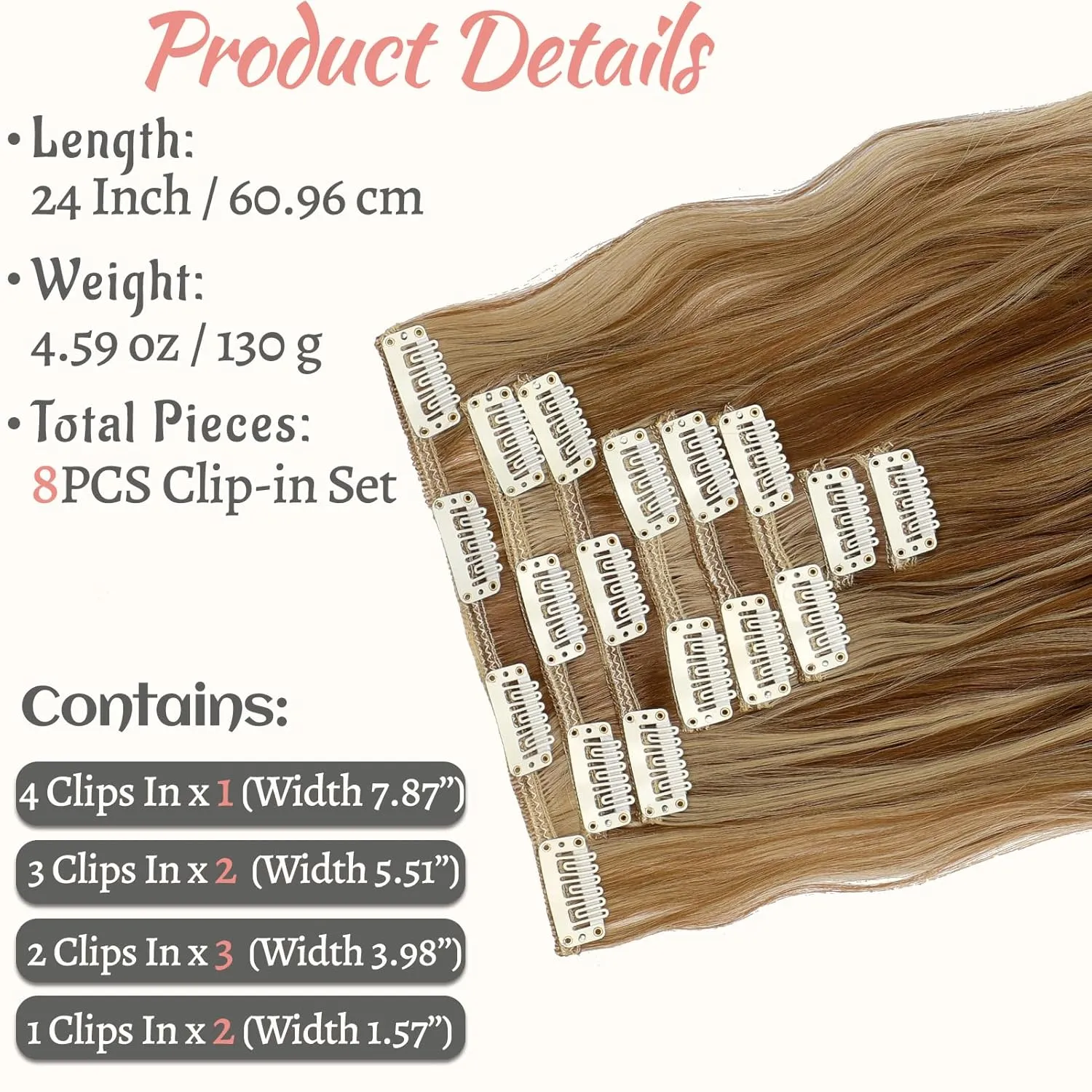 Clip in Hair Extensions 24 Inch 8PCS Ash Blonde Mix Light Brown Long Wavy Synthetic Hair Extensions Clip ins Thick Double Weft Hair Clip Extensions for Women