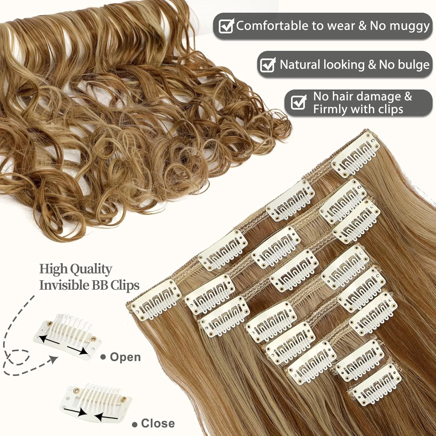 Clip in Hair Extensions 24 Inch 8PCS Ash Blonde Mix Light Brown Long Wavy Synthetic Hair Extensions Clip ins Thick Double Weft Hair Clip Extensions for Women
