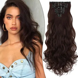 Clip in Hair Extensions 24 Inch 8PCS Medium Brown Long Wavy Synthetic Hair Extensions Clip ins Thick Double Weft Hair Clip Extensions for Women