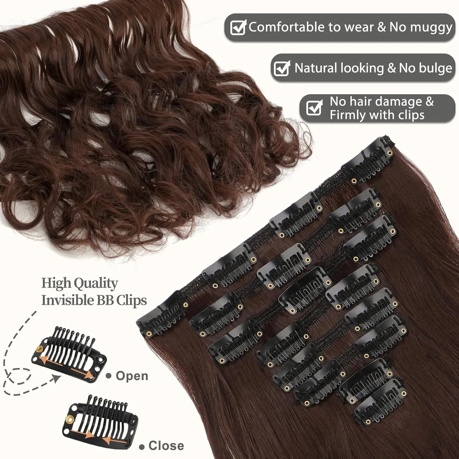Clip in Hair Extensions 24 Inch 8PCS Medium Brown Long Wavy Synthetic Hair Extensions Clip ins Thick Double Weft Hair Clip Extensions for Women