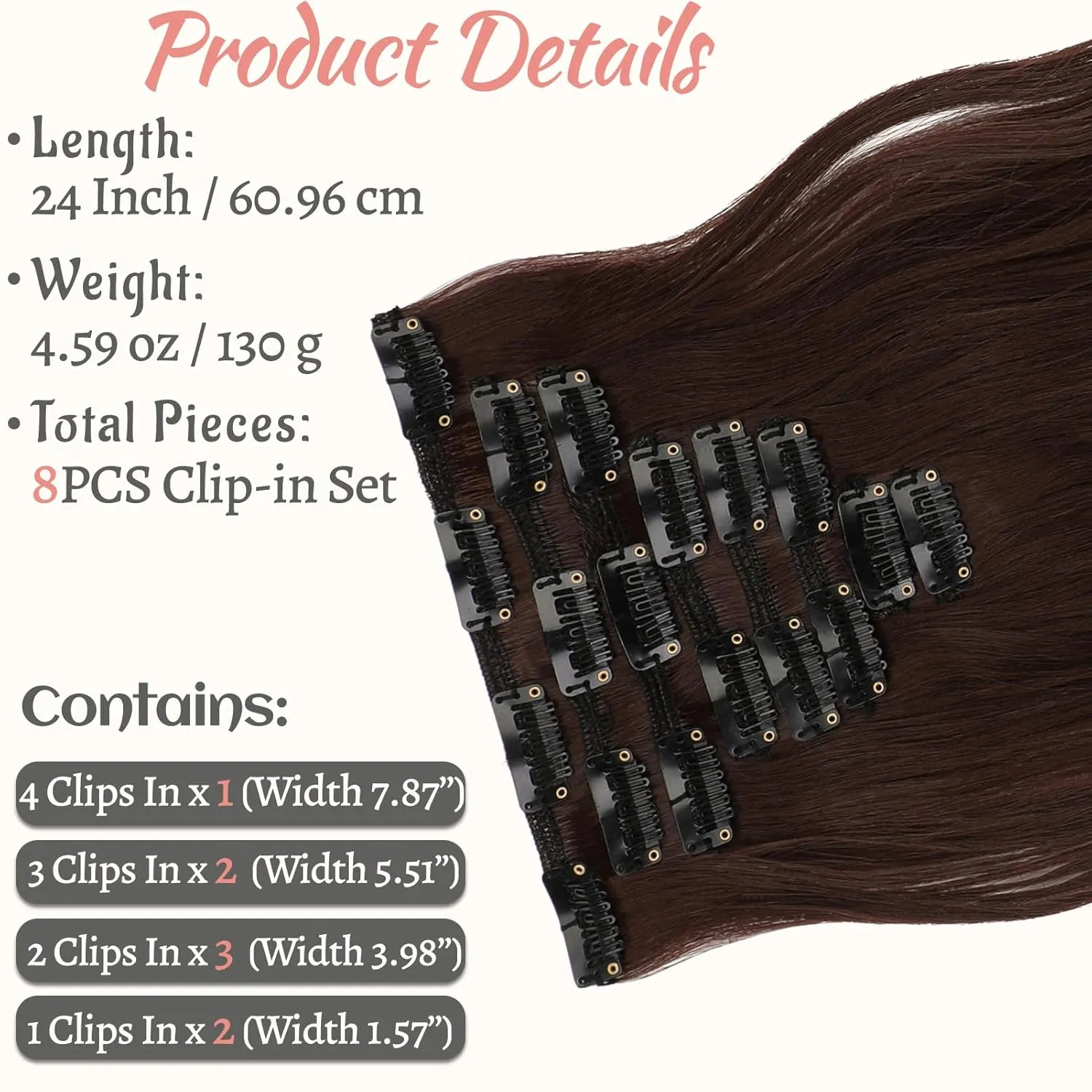 Clip in Hair Extensions 24 Inch 8PCS Medium Brown Long Wavy Synthetic Hair Extensions Clip ins Thick Double Weft Hair Clip Extensions for Women