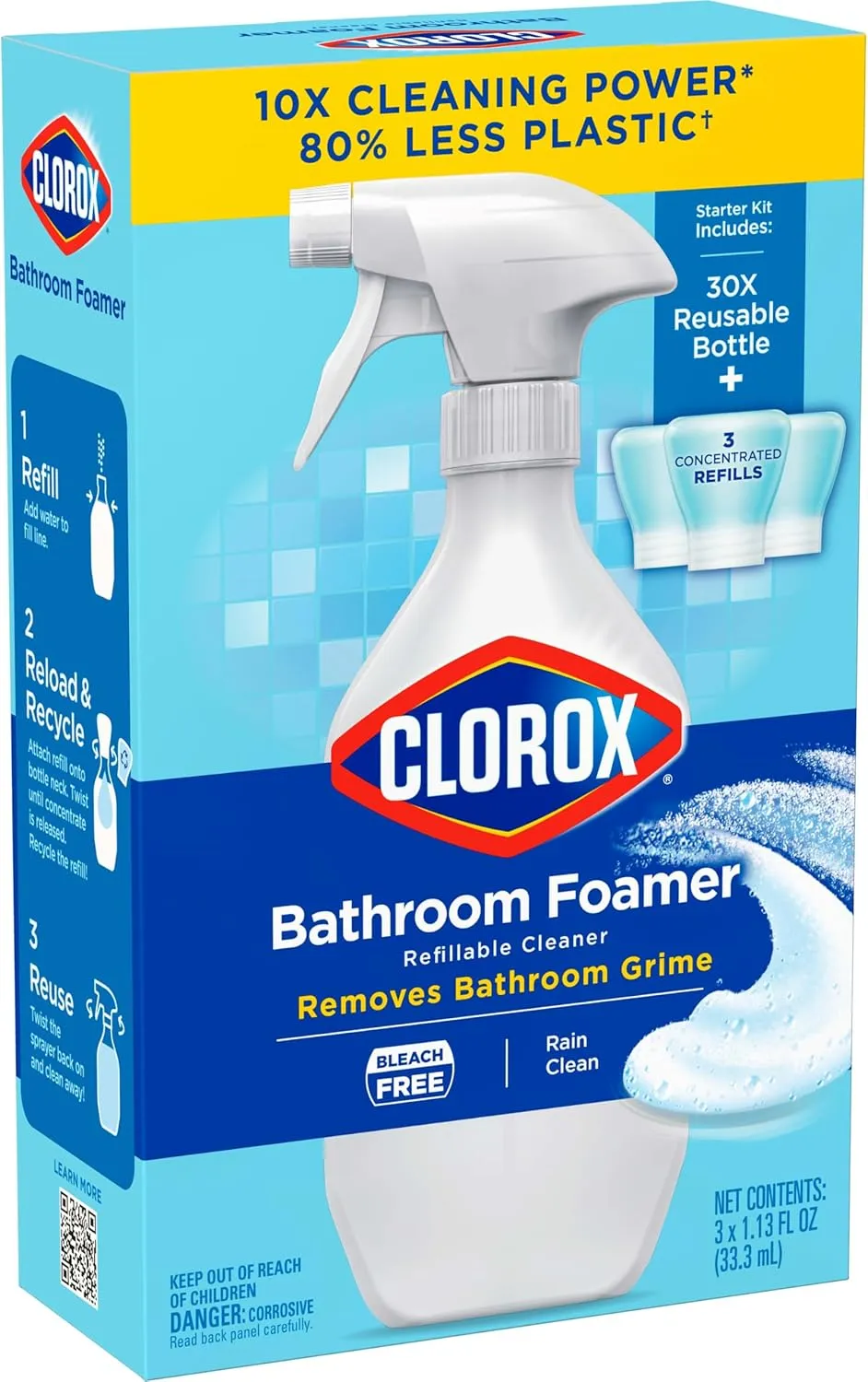 Clorox Bathroom Foamer Refillable Cleaner, Household Essentials, 1 Bottle and 3 Refill, Rain Clean, 1.13 Fl Oz