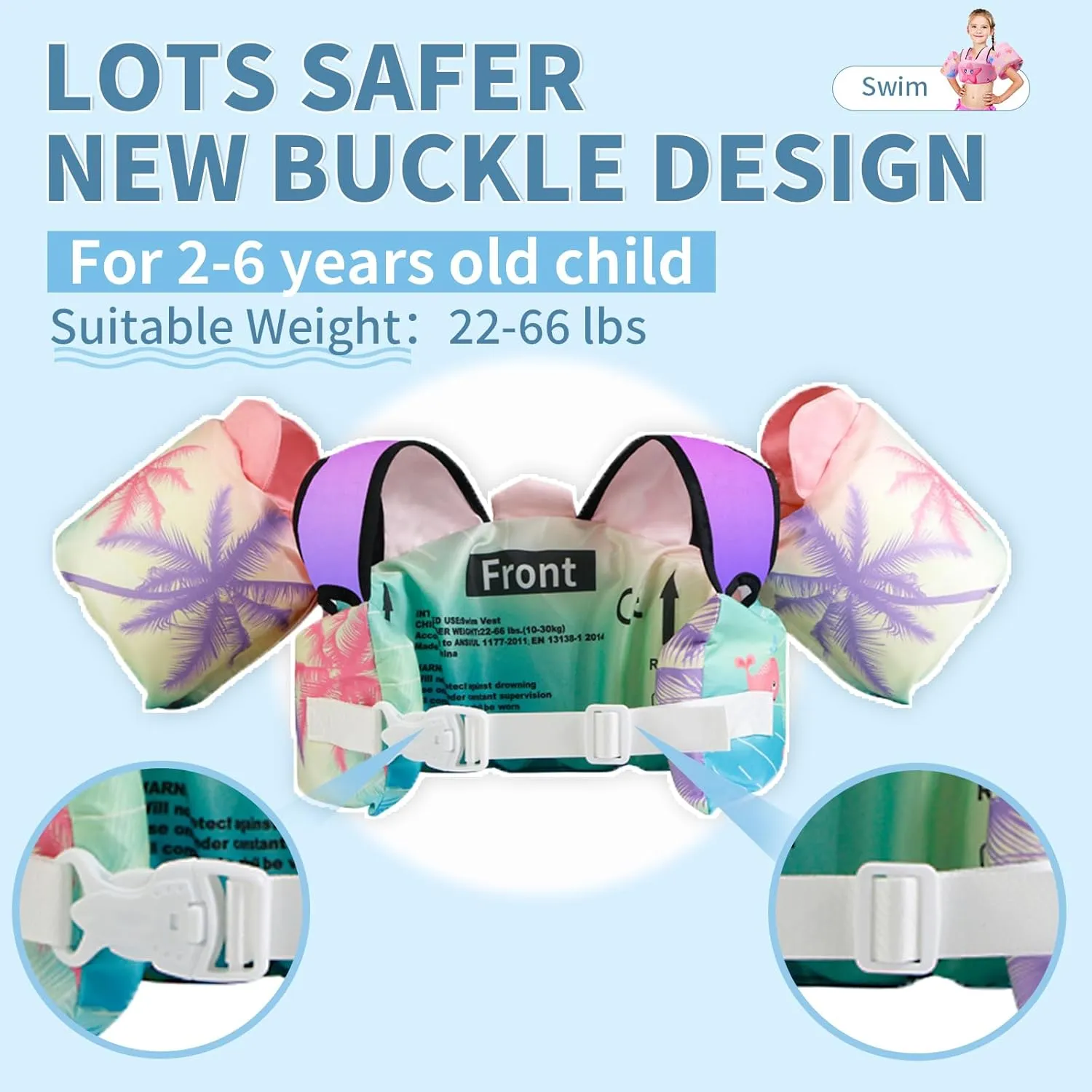 Coast Guard Approved UL Kids Swim Vest for Children Learn Swimming Training Toddler Floaties with Adjustable Non-Slip Buckle Shoulder Harness Arm Wings for 22-66 lbs Boys/Girls Beach