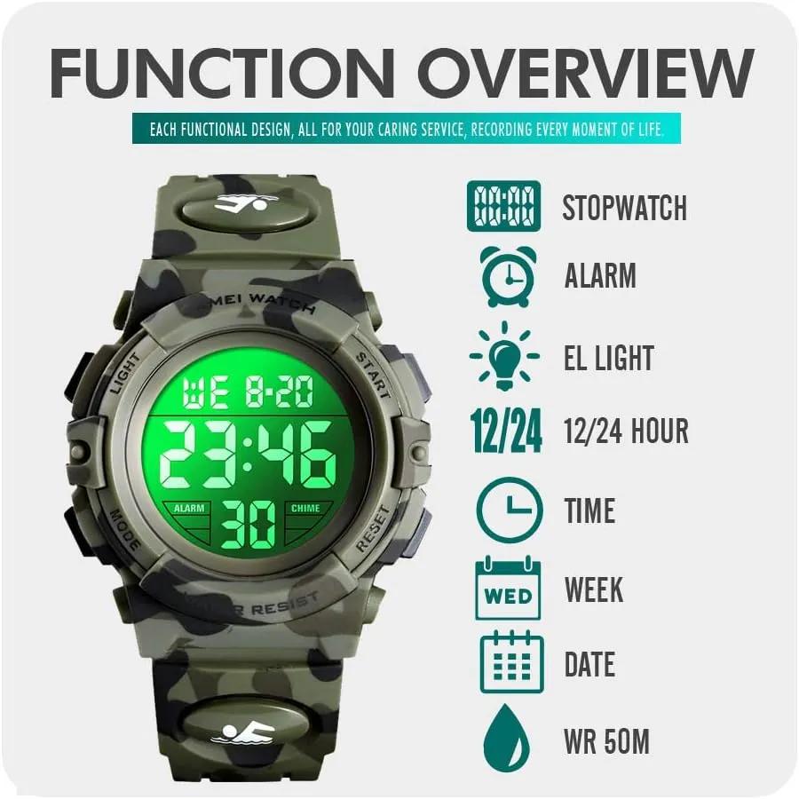 cofuo Kids Digital Sports Watch for Boys Girls, Boy Waterproof Casual Electronic Analog Quartz 7 Colorful Led Watches with Alarm Stopwatch Silicone Band Luminous Wristatches