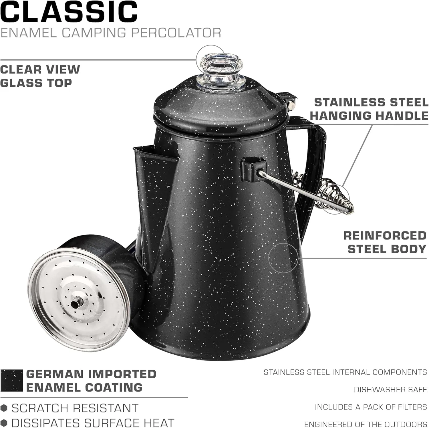 COLETTI Classic Percolator Coffee Pot — Coffee Percolator, Camping Kettle – The Original Camping Coffee Pot, Now Modernized – For Campsite Brewmasters Everywhere [Black Enamel, 12 Cup]