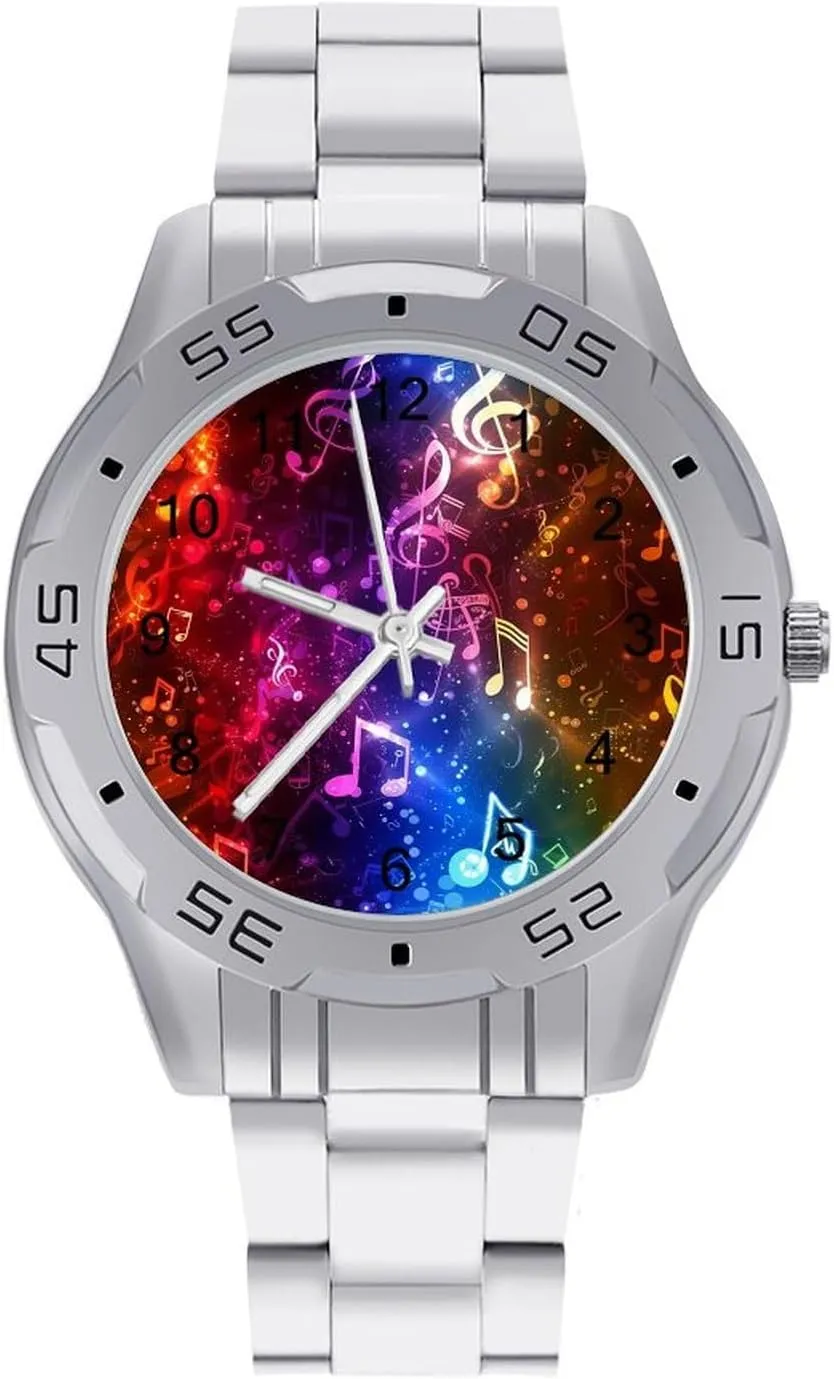 Colorful Music Notes Gradient Simple Stainless Steel Band Business Watch Dress Wrist Unique Luxury Work Casual Waterproof Watches