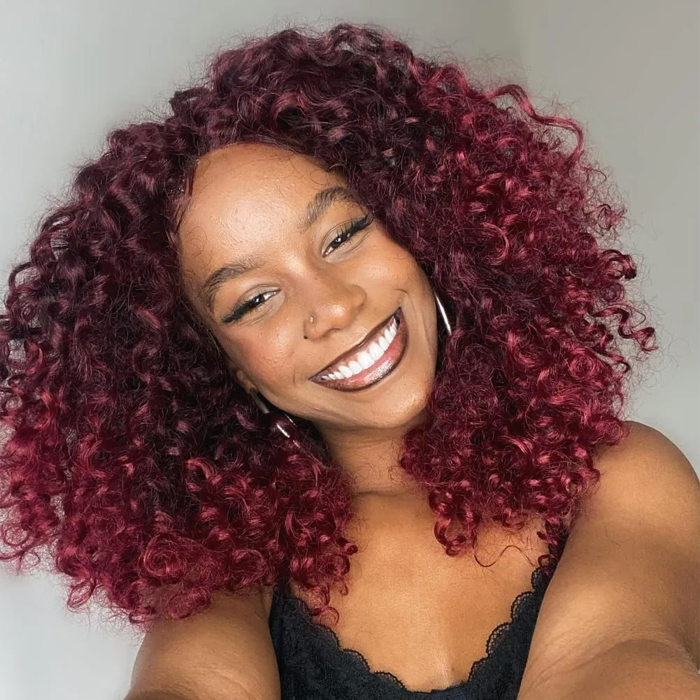 Colorful Queen Curly Lace Front Wig Curly Wigs for Black Women Synthetic Lace Front Wig 14 Inch Short Glueless Kinky Curly Wigs Ombre Burgundy and Black Deep Wave Wig