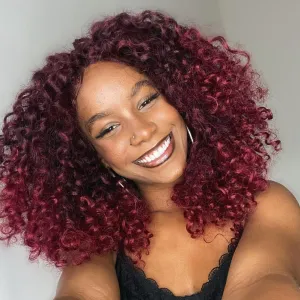 Colorful Queen Curly Lace Front Wig Curly Wigs for Black Women Synthetic Lace Front Wig 14 Inch Short Glueless Kinky Curly Wigs Ombre Burgundy and Black Deep Wave Wig