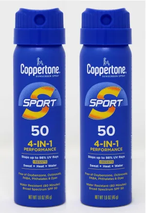 Coppertone Sunscreen Spray Sport SPF 50, 4 in 1 Performance, 80 Minute Water Resistant, Travel Size, 1.6 oz (Pack of 2)