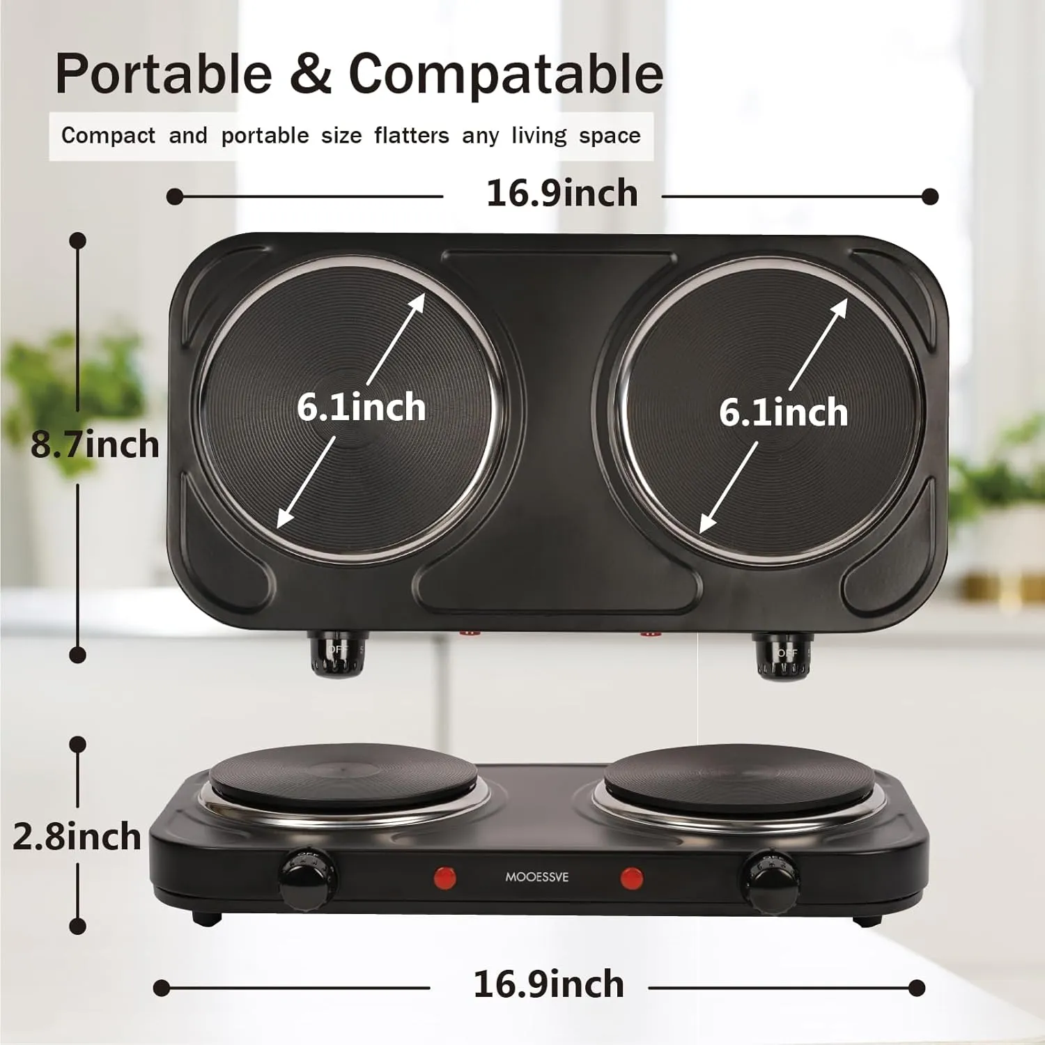 Countertop Double Cast Iron Burner 1800 Watts Electric Hot Plate with Adjustable Temperature 6.1" Cooktop for Dorm, Office, Home, Camp, Compatible for All Cookwares
