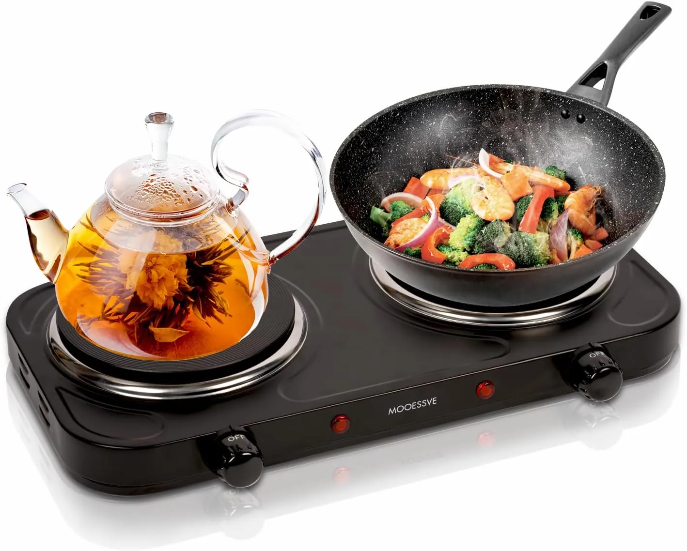 Countertop Double Cast Iron Burner 1800 Watts Electric Hot Plate with Adjustable Temperature 6.1" Cooktop for Dorm, Office, Home, Camp, Compatible for All Cookwares
