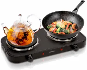 Countertop Double Cast Iron Burner 1800 Watts Electric Hot Plate with Adjustable Temperature 6.1" Cooktop for Dorm, Office, Home, Camp, Compatible for All Cookwares