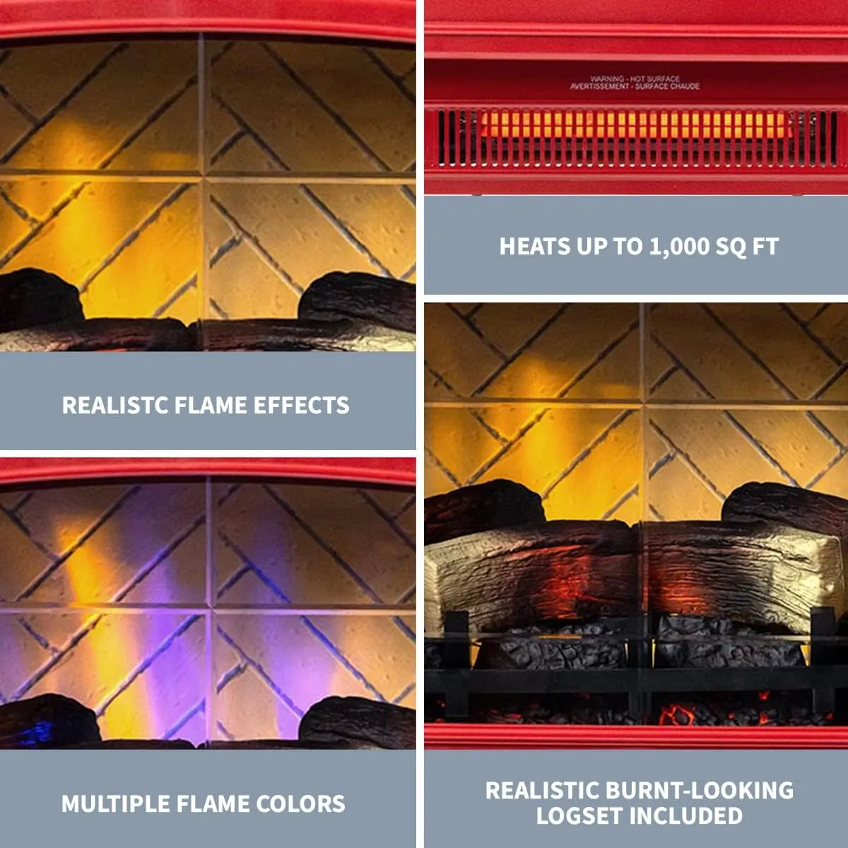 Country Living Infrared Freestanding Electric Fireplace Stove Heater in Deep Red | Provides Supplemental Zone Heat with Remote, Multiple Flame Colors, Metal Design with Faux Wooden Logs
