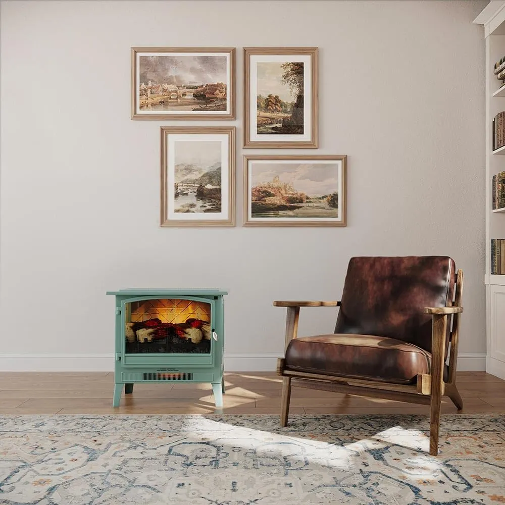 Country Living Infrared Freestanding Electric Fireplace Stove Heater in Mineral Blue | Multiple Flame Colors, Metal Design with Faux Wooden Logs | Alexa/WiFi Enabled, Remote Control