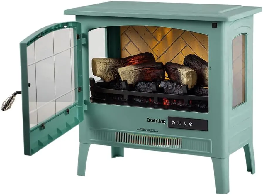 Country Living Infrared Freestanding Electric Fireplace Stove Heater in Mineral Blue | Multiple Flame Colors, Metal Design with Faux Wooden Logs | Alexa/WiFi Enabled, Remote Control