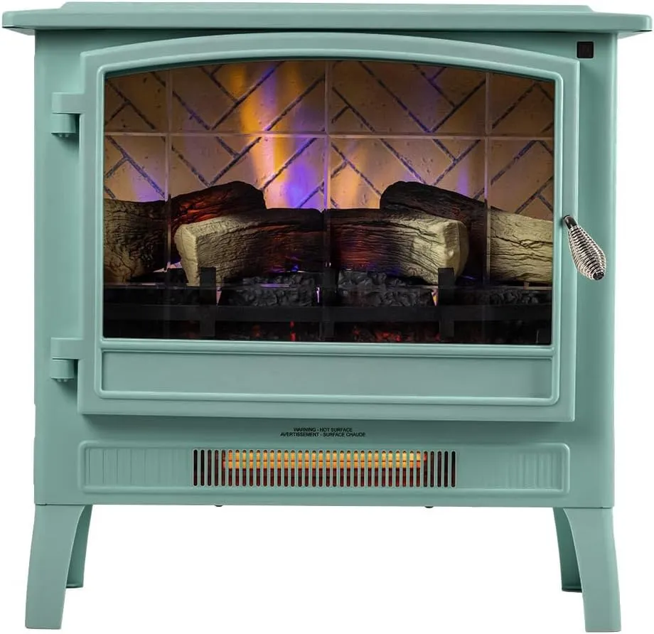 Country Living Infrared Freestanding Electric Fireplace Stove Heater in Mineral Blue | Multiple Flame Colors, Metal Design with Faux Wooden Logs | Alexa/WiFi Enabled, Remote Control
