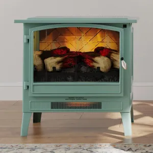 Country Living Infrared Freestanding Electric Fireplace Stove Heater in Mineral Blue | Multiple Flame Colors, Metal Design with Faux Wooden Logs | Alexa/WiFi Enabled, Remote Control