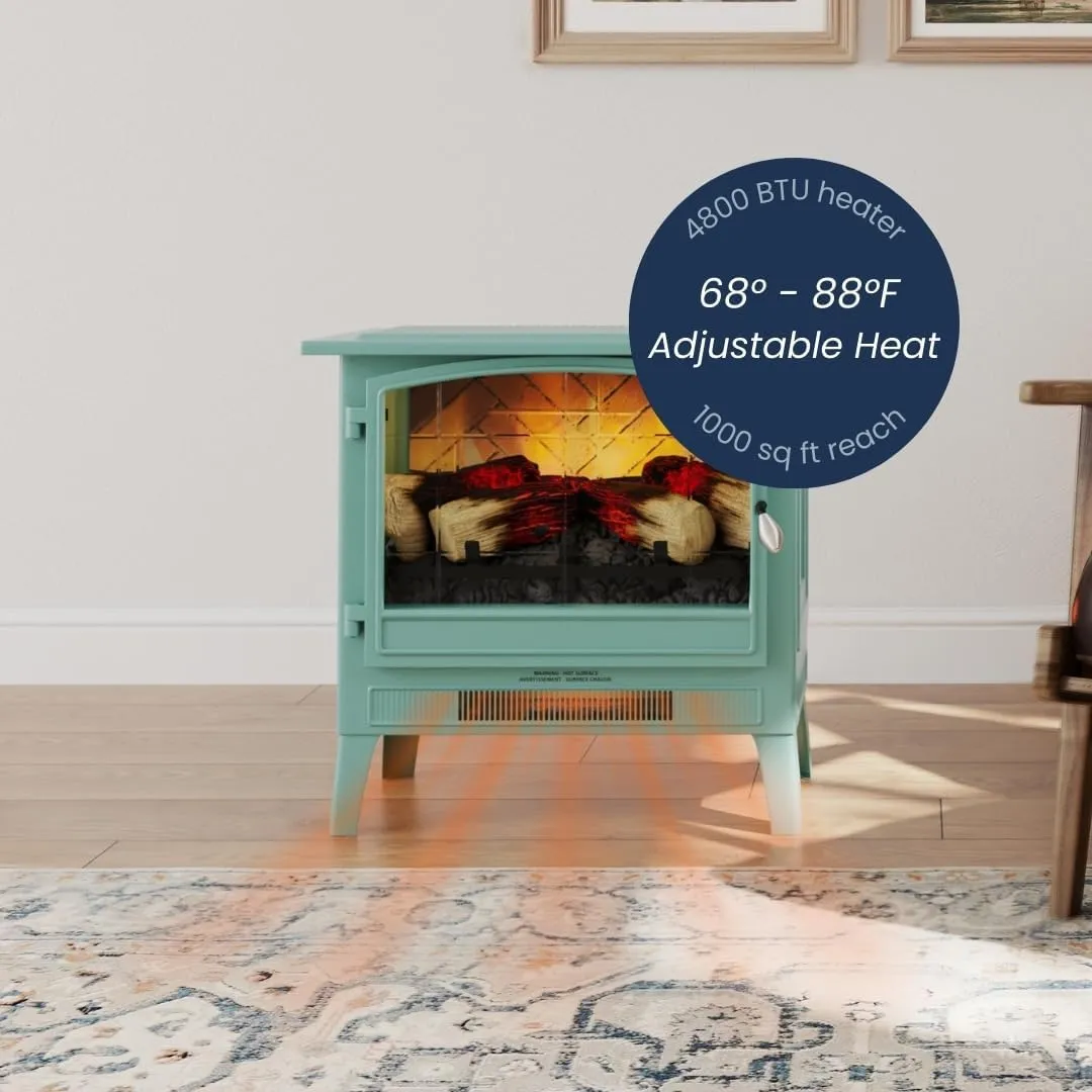 Country Living Infrared Freestanding Electric Fireplace Stove Heater in Mineral Blue | Multiple Flame Colors, Metal Design with Faux Wooden Logs | Alexa/WiFi Enabled, Remote Control
