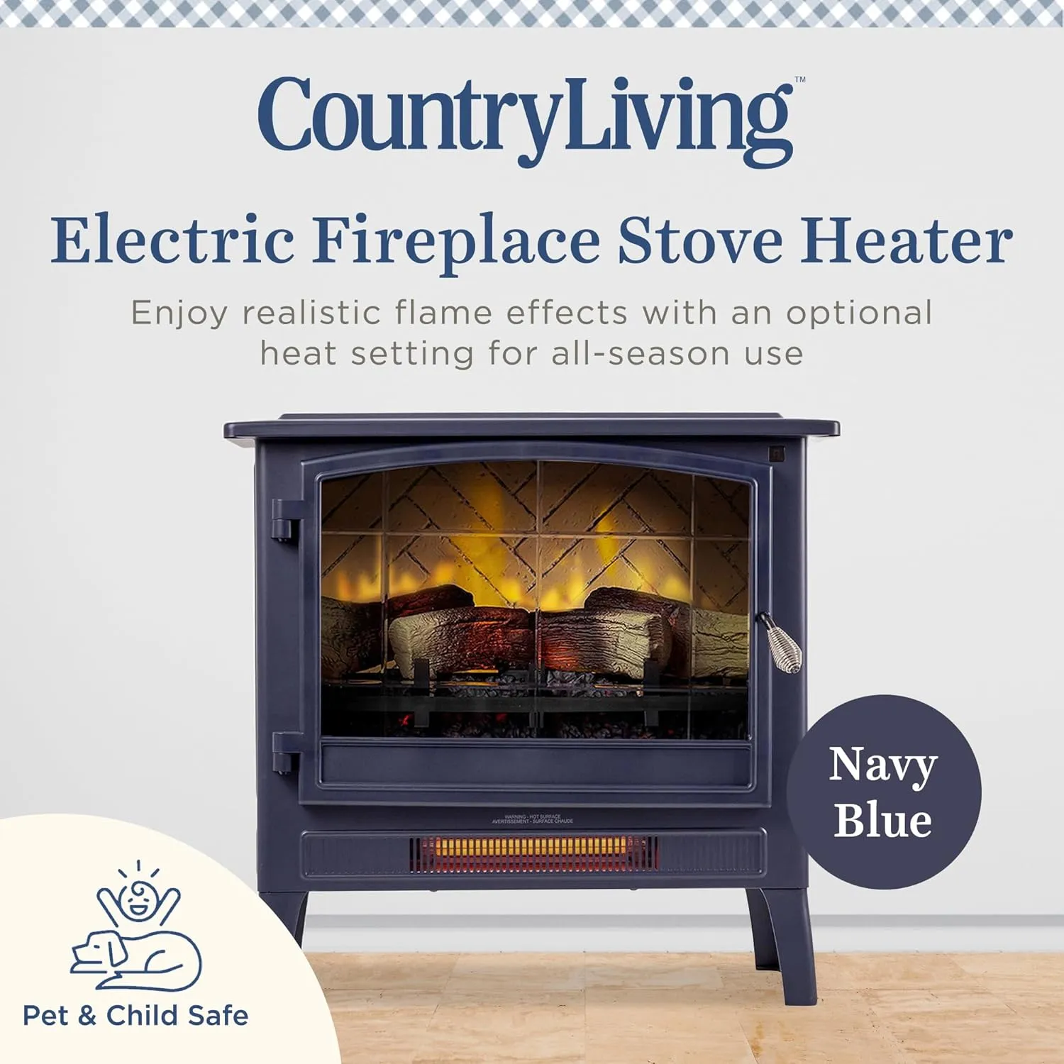 Country Living Infrared Freestanding Electric Fireplace Stove Heater in Navy Blue | Provides Supplemental Zone Heat with Remote, Multiple Flame Colors, Metal Design with Faux Wooden Logs