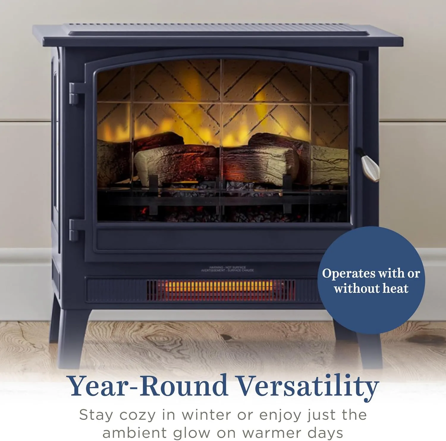Country Living Infrared Freestanding Electric Fireplace Stove Heater in Navy Blue | Provides Supplemental Zone Heat with Remote, Multiple Flame Colors, Metal Design with Faux Wooden Logs