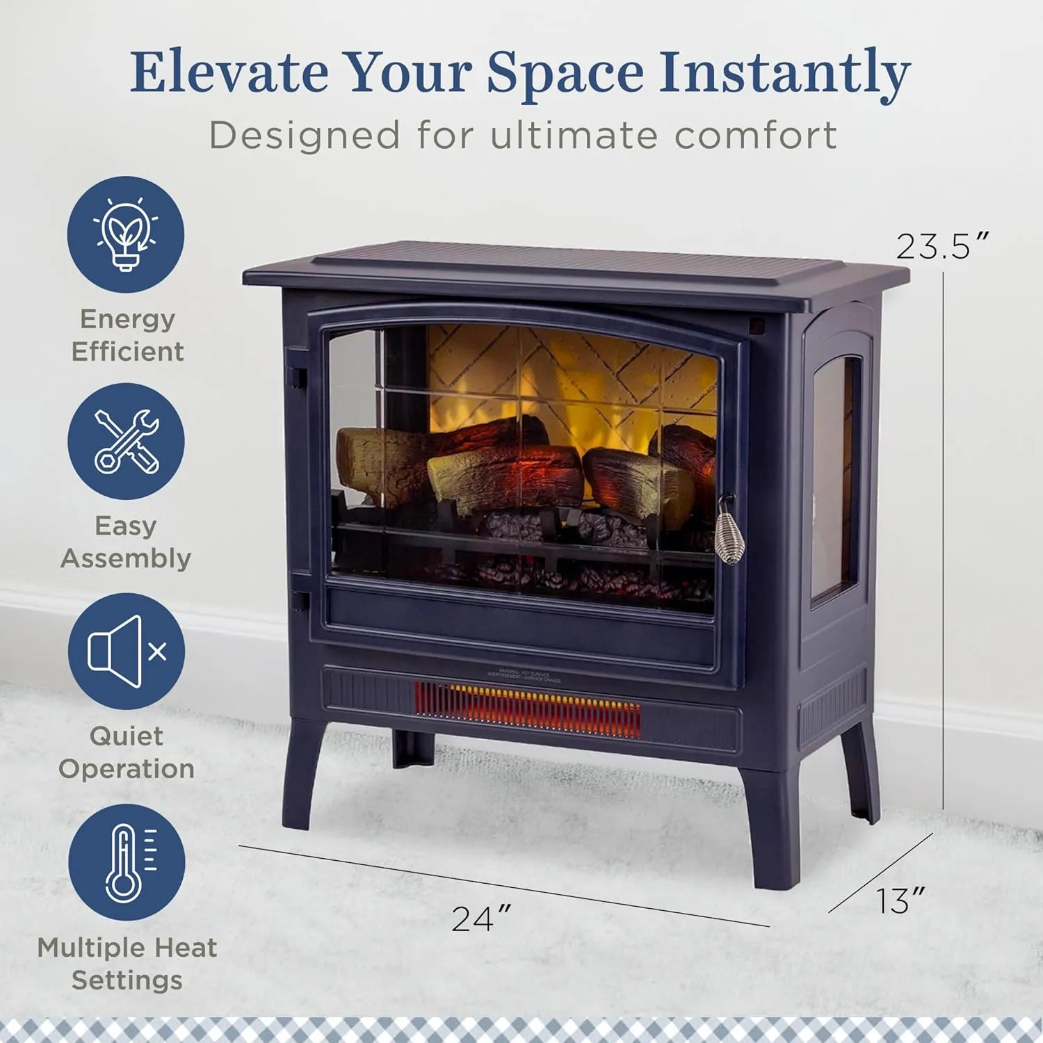 Country Living Infrared Freestanding Electric Fireplace Stove Heater in Navy Blue | Provides Supplemental Zone Heat with Remote, Multiple Flame Colors, Metal Design with Faux Wooden Logs