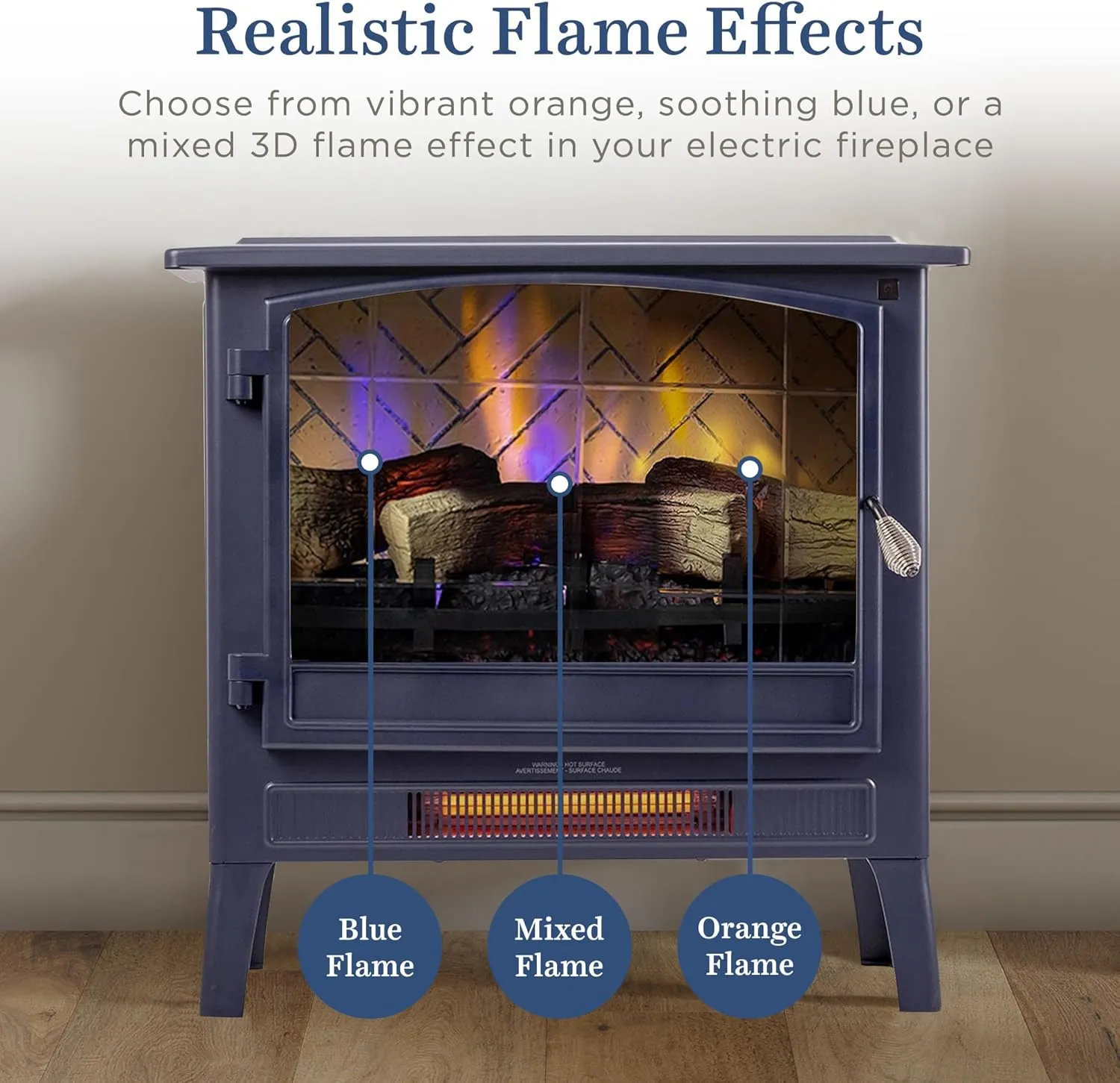 Country Living Infrared Freestanding Electric Fireplace Stove Heater in Navy Blue | Provides Supplemental Zone Heat with Remote, Multiple Flame Colors, Metal Design with Faux Wooden Logs