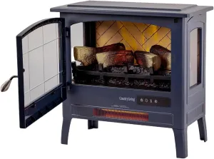Country Living Infrared Freestanding Electric Fireplace Stove Heater in Navy Blue | Provides Supplemental Zone Heat with Remote, Multiple Flame Colors, Metal Design with Faux Wooden Logs