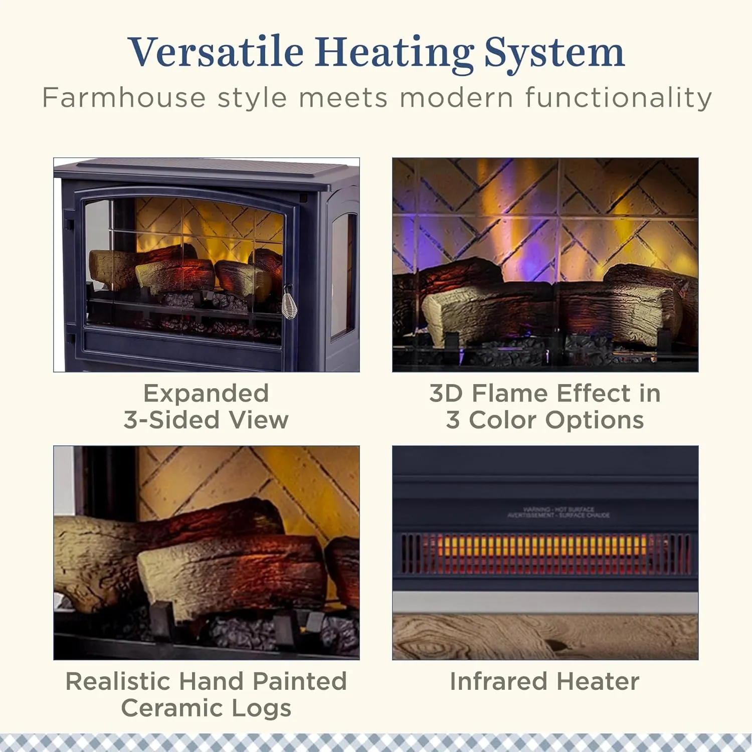 Country Living Infrared Freestanding Electric Fireplace Stove Heater in Navy Blue | Provides Supplemental Zone Heat with Remote, Multiple Flame Colors, Metal Design with Faux Wooden Logs