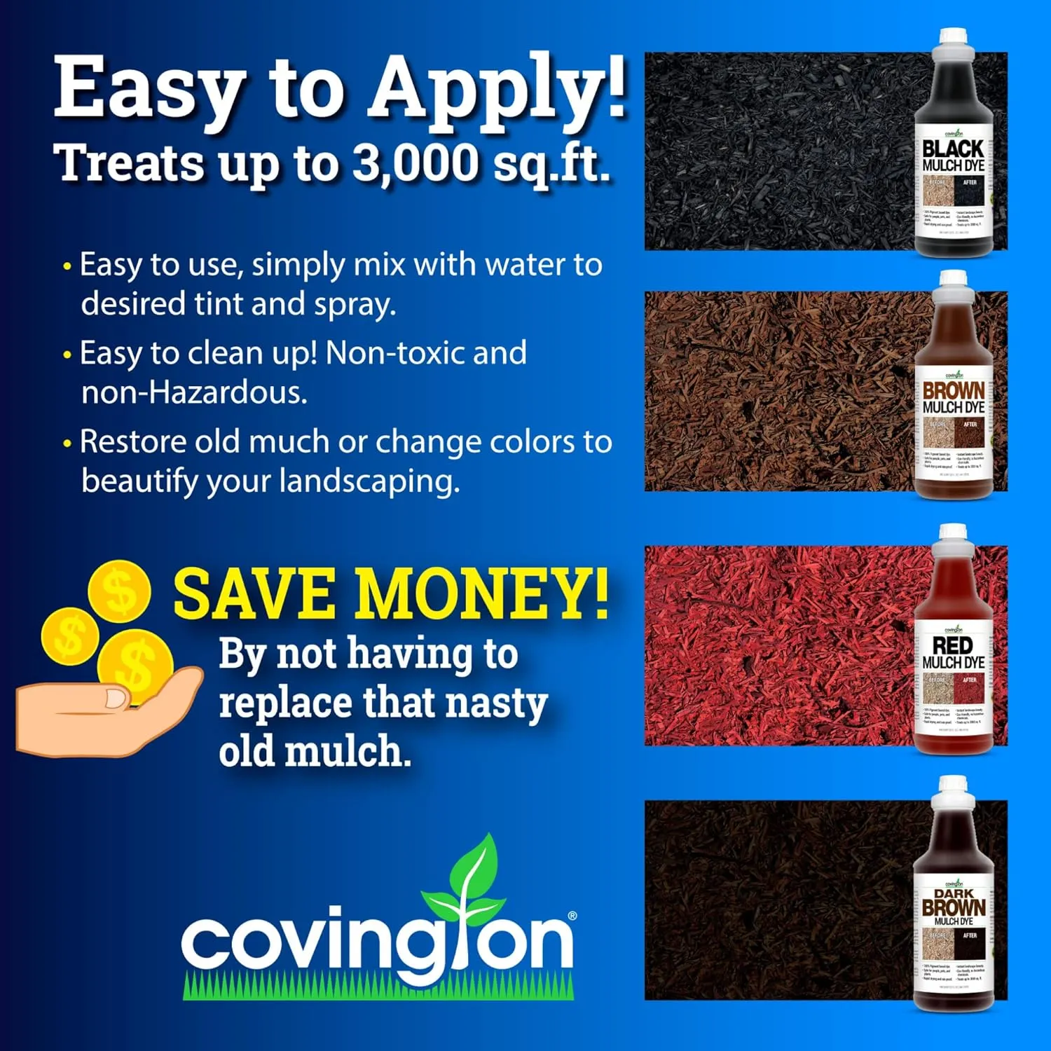 Covington Black Mulch Dye for Landscaping, Rich Black Mulch Spray Concentrate, Just Mix with Water and Spray Wood Mulch Beds. Covers Over 3,000 Square Feet