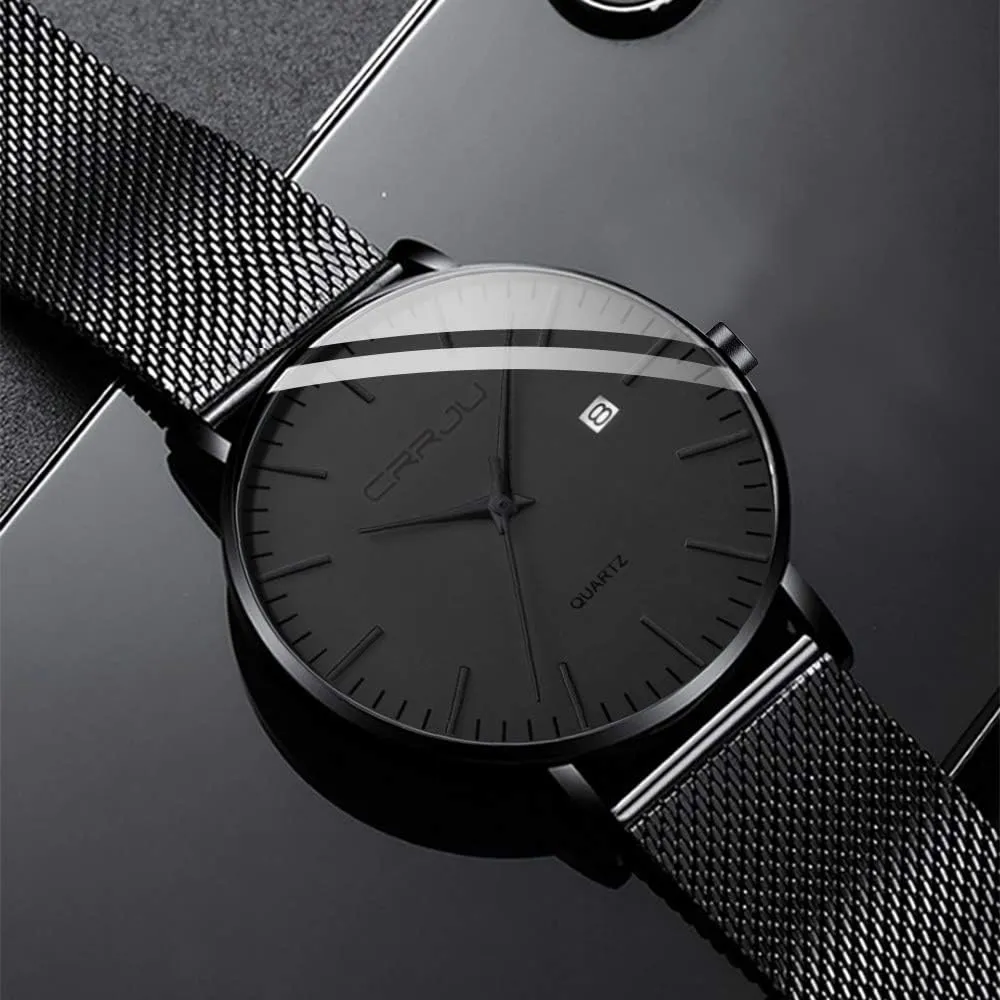 CRRJU Men's Minimalist Casual Luxury Auto Date Watches Fashion Business Japan Movement Quartz Waterproof Wristwatches for Men Stainsteel Steel Band Watch