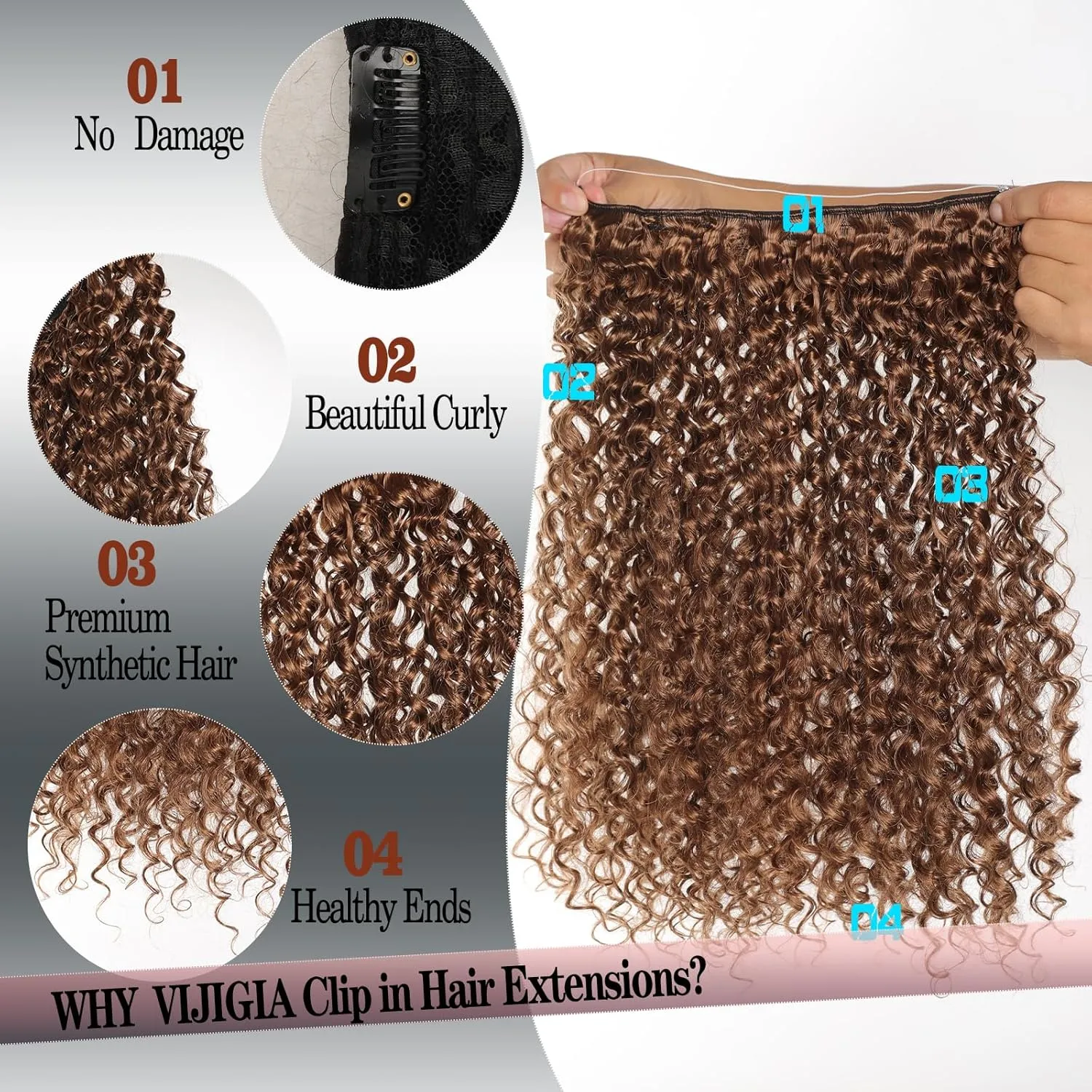 Curly Hair Extensions Invisible Wire Hair Extensions with Transparent Wire Adjustable Size 3 Secure Clips Long deep Secret Synthetic Curly Braiding hair