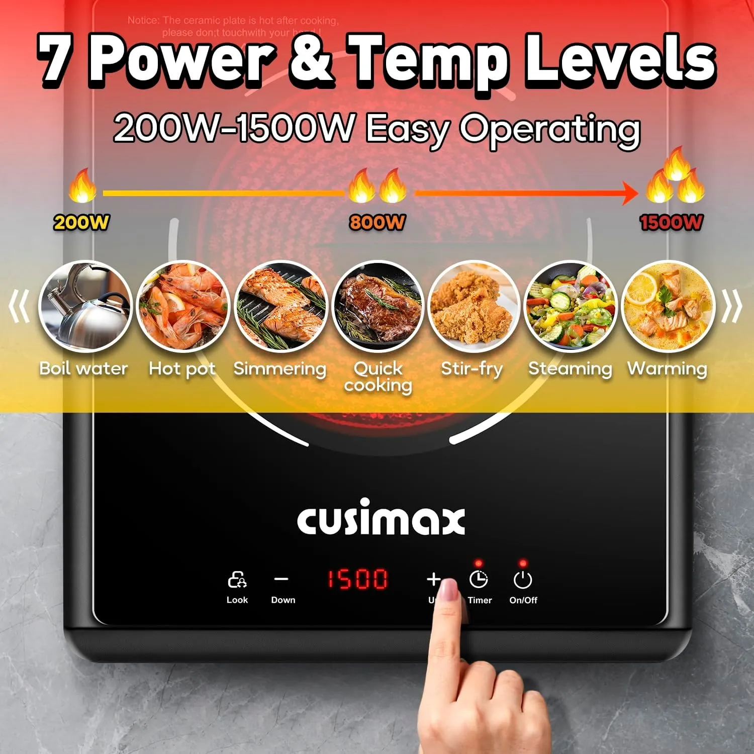 CUSIMAX 1500W Hot Plate, Portable Infrared Electric Stove for Home with 7 Speed,Ceramic Countertop Stove Sensor Touch,Kids Safety Lock and Timer,Compatible for All Cookwares