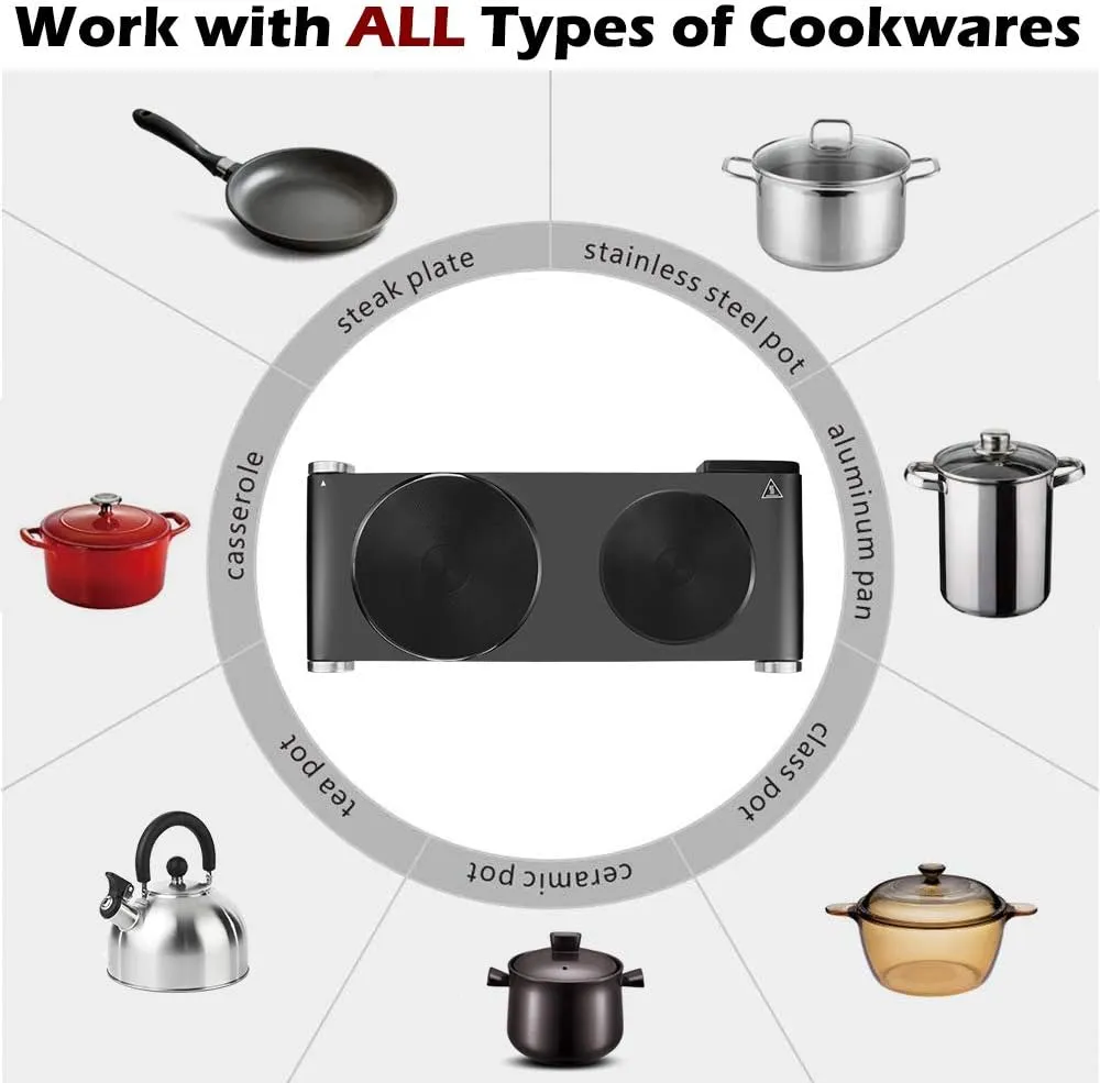 CUSIMAX Double Hot Plates Electric Burner, 1800W Countertop Cooktop with Adjustable Temperature Control, Hot Plates for Cooking Portable Electric Stove, Black Stainless Steel Cooktop, Upgraded Version