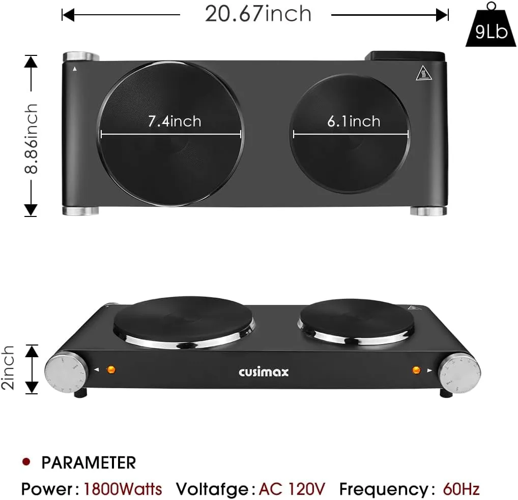 CUSIMAX Double Hot Plates Electric Burner, 1800W Countertop Cooktop with Adjustable Temperature Control, Hot Plates for Cooking Portable Electric Stove, Black Stainless Steel Cooktop, Upgraded Version